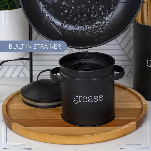 Vista 9 de AuldHome Design Contenedor de Grasa Esmaltado con Colador (Negro), Lata de Almacenamiento de Cocina Estilo Granja, Etiquetado "Grease