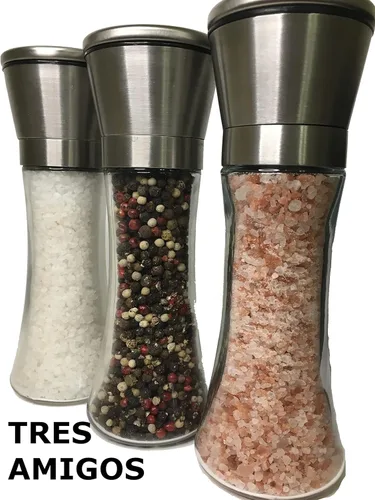 Vista 4 de Molinillo elegante doble de 7 pulgadas de alto, acero inoxidable y vidrio, con molinillo de cerámica ajustable, molinillo de especias, molinillo