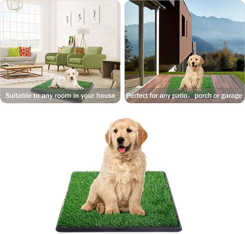 Vista 6 de Almohadilla de césped para perros con bandeja, 25 x 20 pulgadas, almohadilla de césped artificial para entrenamiento de cachorros, inodoro portátil