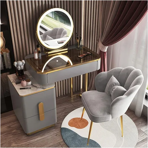 Vista 8 de Tocador de maquillaje, mesa de cristal, tocador, moderno, simple, avanzado, de madera, para dormitorio, almacenamiento, tocador, espejo inteligente