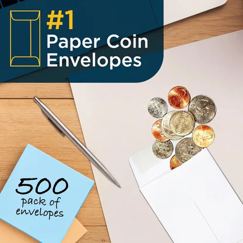 Vista 2 de Guardian Sobres de papel #1 para monedas con solapas engomadas, paquete de 500 sobres pequeños en blanco para tarjetas de regalo, monedas, recibos