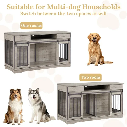 Vista 3 de Rovibek Muebles de jaula doble para perros de 66 pulgadas, jaula decorativa 2 en 1 para 2 perros con cajón y divisor extraíble, mesa auxiliar