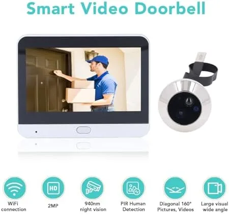 Vista 2 de Bewinner Timbre de video inalámbrico, timbre de video inteligente de 2 MP con monitor HD de 1080p de 4.3 pulgadas, ángulo de visión de 160°, visión
