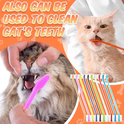Vista 7 de Potchen 100 cepillos de dientes para perros, kit de cepillo de dientes de doble cabeza para mascotas, cerdas suaves, mango largo, doble cara