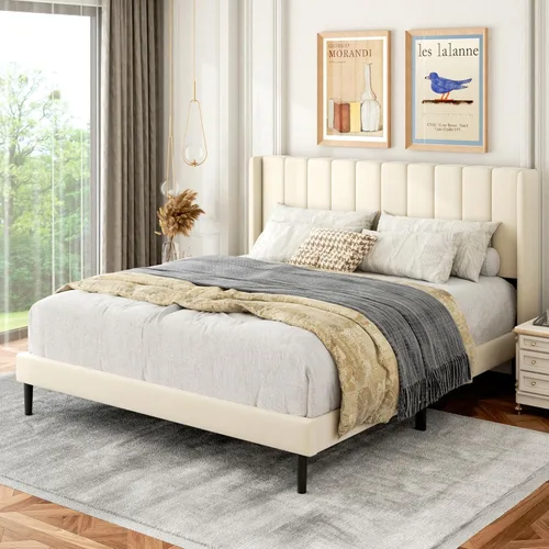 Vista 66 de Base de cama tamaño Queen con cabecera tapizada con respaldo de ala, plataforma de fácil montaje, soporte de listones de madera, no necesita somier