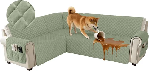 Vista 32 de Fundas impermeables para sofá seccional de esquina en forma de L, de terciopelo, juego de 6 piezas, funda en forma de U para sofá, para perros