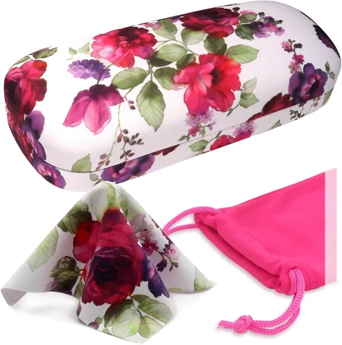 MyEyeglassCase Estuche rígido para lentes de mujer Estuche protector de carcasa dura con bolsa y paño 1- Rosa de arándano floral