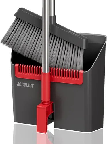 Vista 10 de JOYMOOP Juego de escoba y recogedor negro, diseño de ángulo vertical con dientes de peine integrados para el hogar, oficina, suelos de madera dura