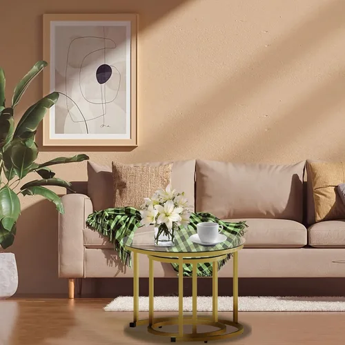 Vista 7 de aboxoo Juego de 2 mesas de centro anidables doradas, pequeñas mesas redondas de vidrio para sala de estar, dormitorio, mesa de té decorativa