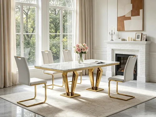 Vista 16 de 5 Piece Black Marble Dining Table Set for 4, Modern Faux Marble Kitchen Dining Room Tables with 4 Leather Chairs Set, 68.11" Luxury Rectangular