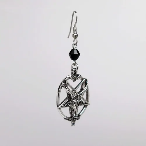 Vista 6 de Baphomet - Pendientes colgantes con diseño de cabeza de cabra invertida, acabado plateado