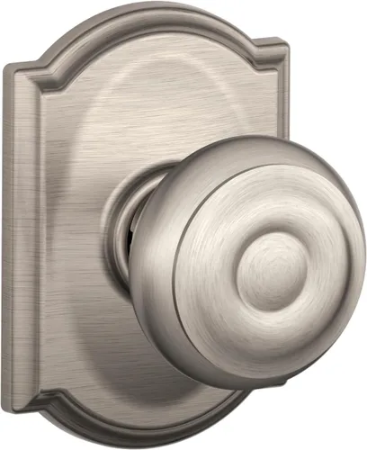 Schlage F10 GEO 619 CAM - Pomo georgiano con moldura Brookshire, cerradura de paso para pasillos y armarios - Níquel satinado