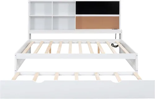 Vista 121 de Quarte Elegante cama de plataforma con estanterías en forma de L, cama de plataforma de madera tamaño individual con 2 cajones de almacenamiento