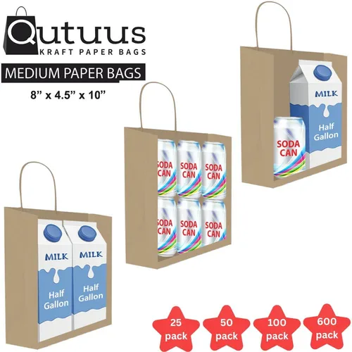 Vista 30 de Qutuus Bolsas de regalo de estraza grandes con asas, 25 bolsas de regalo de 10 x 5 x 13 pulgadas, bolsas de papel kraft reutilizables para compras