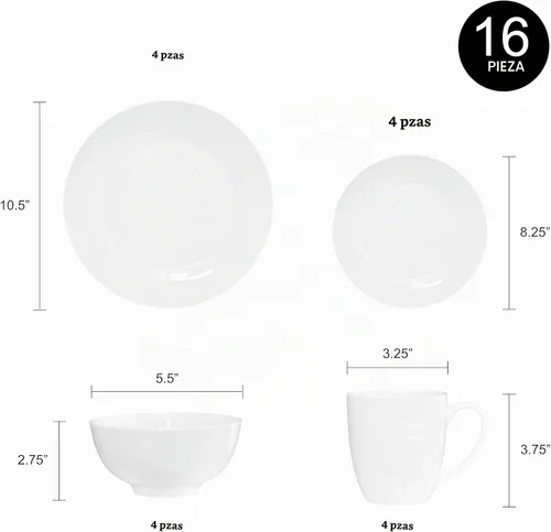 Vista 3 de Bone China - Juego de vajilla de 16 piezas, servicio para 4, blanco, apto para microondas, apto para lavavajillas, resistente a las astillas