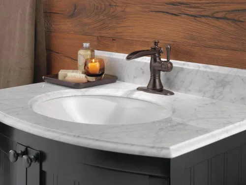 Vista 7 de Delta 598LF-MPU llave para baño de amplio alcance, con montaje de drenaje emergente, 598LF-CZMPU Bronce champán