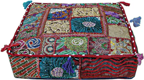 Vista 13 de EthinicCraftHub - Funda de cojín de 18 x 18 pulgadas, de algodón con lentejuelas y cuentas, estilo bohemio indio, decoración hecha a mano para sofá
