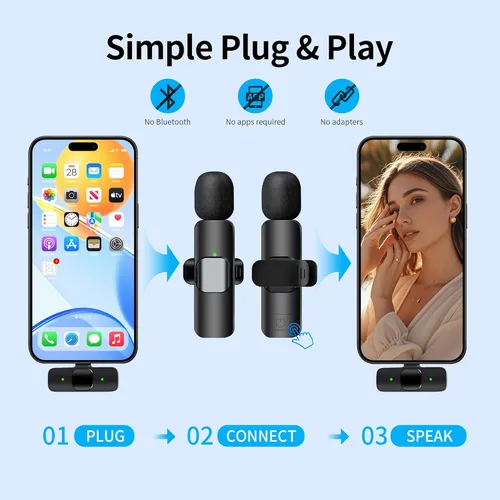 Vista 8 de Micrófono inalámbrico para iPhone, iPad y teléfono Android, paquete de 2 micrófonos inalámbricos de solapa Lavalier con reducción de ruido, mini