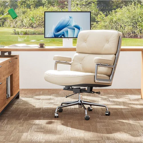 Vista 12 de Silla de oficina de cuero genuino, sillas de escritorio ejecutivas con respaldo medio con brazos y ruedas de aluminio, silla giratoria de cuero
