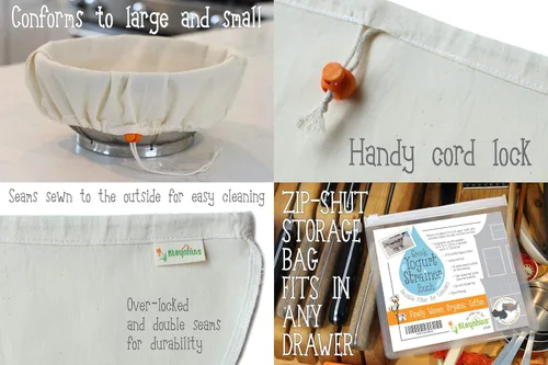 Vista 3 de Bolsa coladora de yogur griego, algodón orgánico (16 x 9 pulgadas) / alternativa a estopilla reutilizable