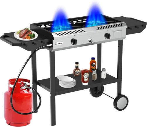 Vista 8 de Bestfire Estufa de propano de 2 quemadores, estufas de gas para acampar al aire libre, 150,000 BTU, encendido automático con regulador y estantes