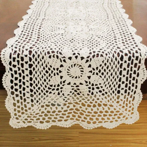 Vista 3 de KEPSWET Camino de mesa rectangular de encaje de ganchillo hecho a mano con girasol de algodón para decoración de mesa auxiliar