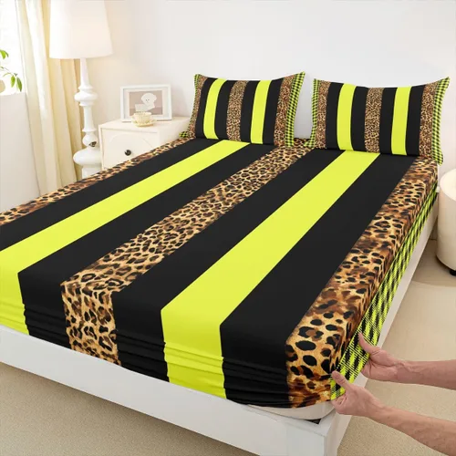 Vista 17 de Manfei Leopard Print Fitted Sheet Twin Size,Blue Brown Black Stripes Bedding Set 2pcs,Wild Animal Cheetah Skin Bed Sheets with 1 Pillowcase,Kids