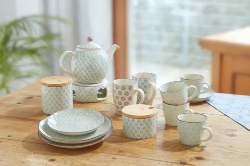 Vista 2 de Bloomingville Sugar Bowl Patrizia Gres con tapa de bambú/cuchara - Tarro para salz, mermelada, mostaza Diámetro 4 '' H 2.75 pulgadas, azul, gres