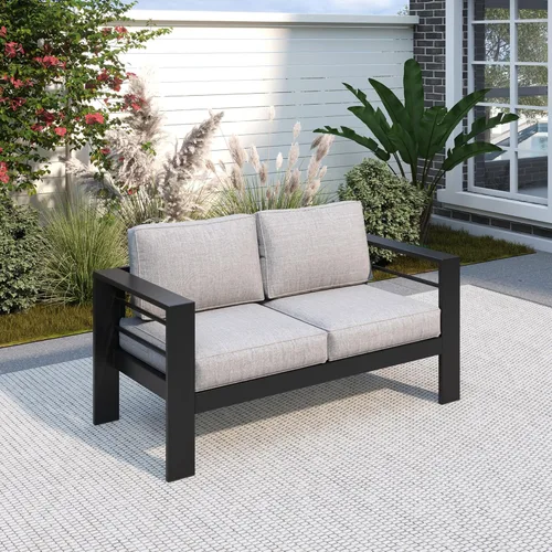 Vista 9 de Solaste Muebles de Patio Sillón de Metal, 2 PCS Silla de Sofá Contemporánea de Jardín Exterior de Aluminio para Todo Clima con Cojines, Azul