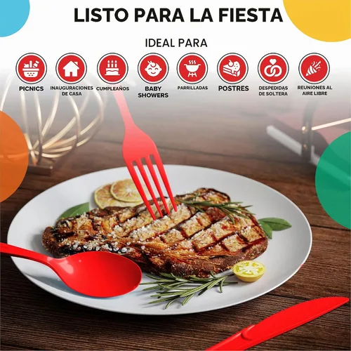 Vista 6 de Party Solids cubiertos de plástico desechables resistentes rojos - 200 piezas, cubiertos, vajilla, cucharas de plástico