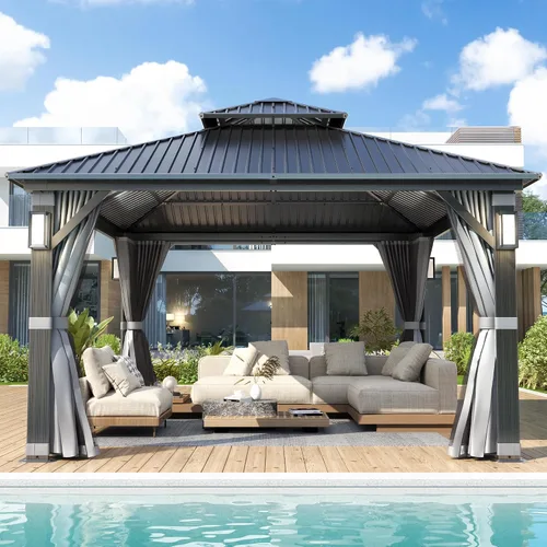Vista 14 de GARTOO Gazebo de techo rígido para exteriores de 8 x 8 pies con techo doble Negro