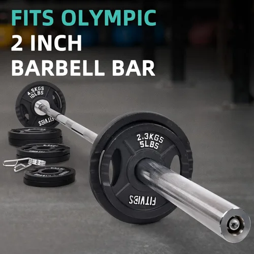 Vista 6 de Fitvids Olympic Cast Iron 2-Inch Weight Plates Including 6FT Olympic Barbell Bar & Safely Locks, Barbell Set (85 Lbs Plates + 6 FT Barbell Bar)