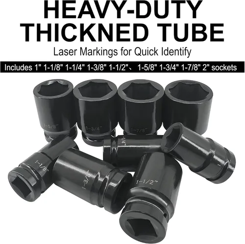 Vista 6 de Juego de enchufes de impacto profundo de 1 pulgada, 9 piezas de juegos de enchufes de impacto jumbo, acero cromado SAE de 1" a 2", diseño de 6