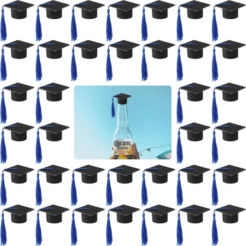 Vista 9 de 36 mini gorras de graduación 2026 con borlas para botellas de vino de graduación (gorra negra con borla dorada)