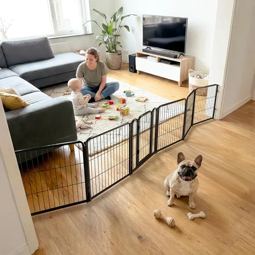 Vista 24 de FXW Puerta para perros extra ancha diseñada para uso en interiores, ancho ajustable de hasta 137 pulgadas de ancho