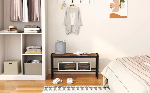 Vista 2 de HOMEFORT Shoe Bench, Modern Industrial Shoe Storage Bench, Entryway Bench with Mesh Shelf and Sturdy Metal Frame, Metal Shoe Rack Bench for Hallway