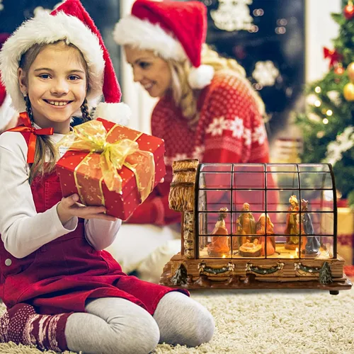 Vista 7 de Juego de Belén de 5.9 pulgadas para Navidad, interior, aldea de Navidad, Jesús con luces LED, figurita de Belén, música, baterías USB/3AA