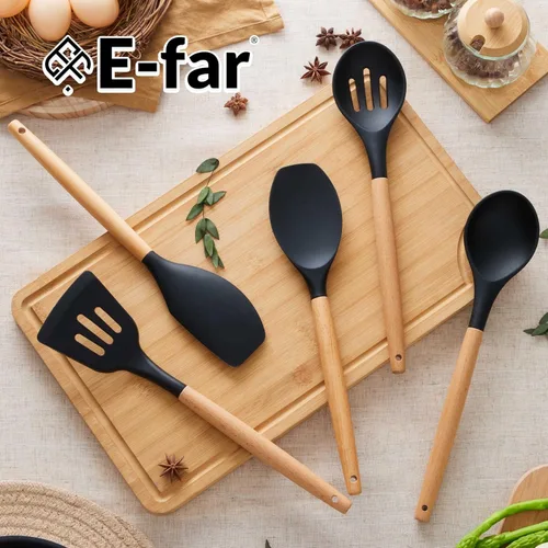 Vista 7 de E-far - Juego de utensilios de cocina de silicona, 5 piezas, juego de utensilios de cocina negros con mango de madera para cocinar, espátulas
