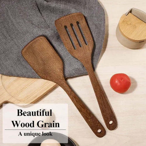 Vista 5 de Paquete de 4 espátulas de madera para cocinar, espátulas antiadherentes de madera de acacia para uso en cocina, juego de espátulas de cocina