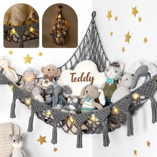 Vista 7 de TIDYTEDS Macramé DreamLights Hamaca de Red de Almacenamiento de Animales de Peluche Boho Extra Grande Soporte de Almacenamiento de Juguetes de Azul