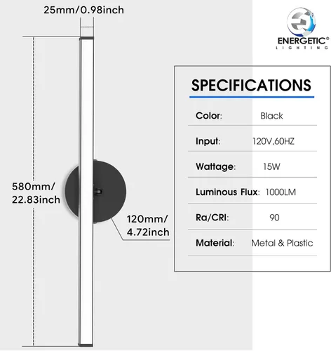 Vista 7 de Energetic 5CCT - Iluminación giratoria de tocador con luz nocturna, lámpara de pared negra de 15 W sobre espejo, barra de iluminación LED
