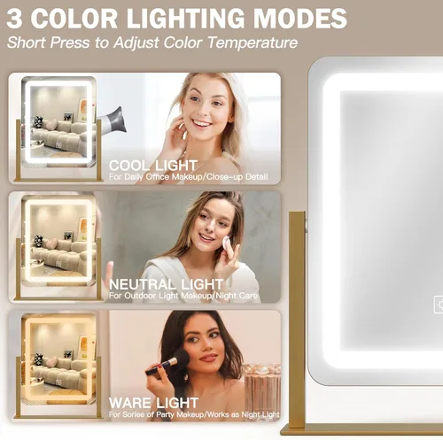 Vista 3 de ROLOVE Espejo de tocador con luces, espejo de maquillaje LED de 12.6 x 15 pulgadas, espejo de maquillaje iluminado con luces, control táctil