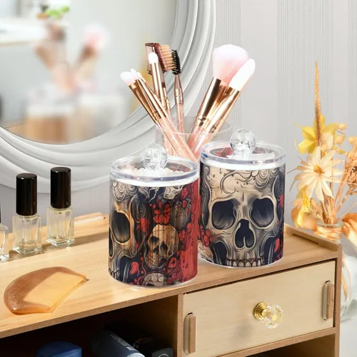 Vista 6 de Vnurnrn Qtip - Dispensador de bolas de algodón con tapa, estampado de corazones y calaveras, tarros de plástico, recipientes de baño, organizador