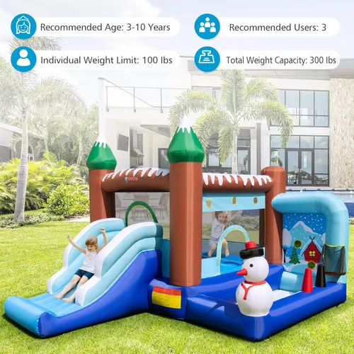 Vista 6 de OLAKIDS Castillo inflable de salto para niños, con temática de muñeco de nieve de Navidad, con borde de baloncesto, pista de obstáculos inflable