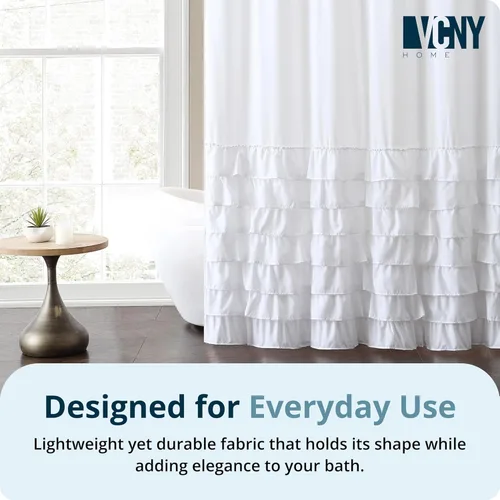 Vista 5 de VCNY Home - Cortina de ducha de tela, cortina de ducha con volantes (blanco melanie, 72 x 72 pulgadas)