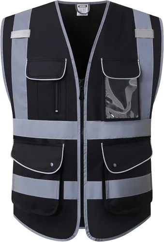 Chalecos de seguridad reflectantes clase 2 retro con 9 bolsillos y cremallera frontal ANSI/ISEA 107-2015 (Negro-03, S)