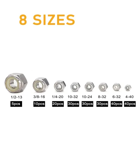 Vista 3 de cSeao Kit surtido de tuercas de seguridad insertadas de nailon SAE Nylock (1/4-20 3/8-16 1/2-13#4-40#6-32#8-32#10-24#10-32), acero inoxidable 304