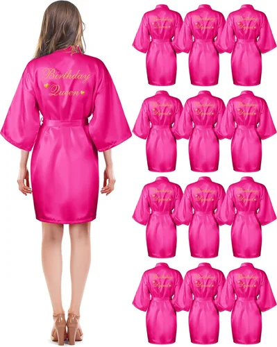 Hicarer 12 Pcs Women's Birthday Party Robes Gold Glitter Queen Squad Kimono Silky Nightgown Satin Bathrobes Dressing Gown