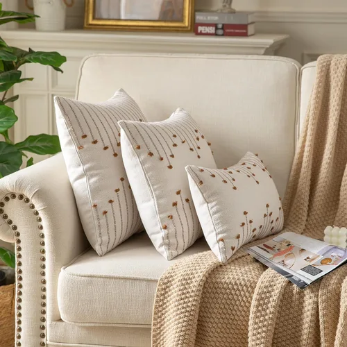 Vista 4 de Fundas de almohada boho de 12 x 20 pulgadas, juego de 2 almohadas decorativas para cama, fundas de almohada neutras color beige con línea negra