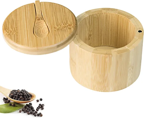 Vista 6 de Caja de bambú para sal y pimienta con tapas, bodega de sal dividida con tapa giratoria y mini cuchara, contenedores de almacenamiento de condimentos